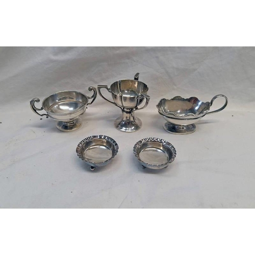 668 - 2 SILVER TROPHYS, PAIR SILVER SALTS & SILVER JUG - 160 G