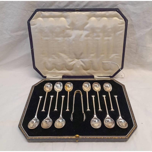 671 - CASED SET 12 SILVER SEAL END TEASPOONS & SUGAR TONGS BY COOPER BROS & SONS, SHEFFIELD 1927 - 160 G