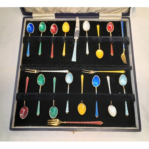 673 - CASED SET DANISH SILVER GILT & COLOURED ENAMEL TEASPOONS, PICKLE FORK & KNIFE BY EGON LAURISDEN, COP... 