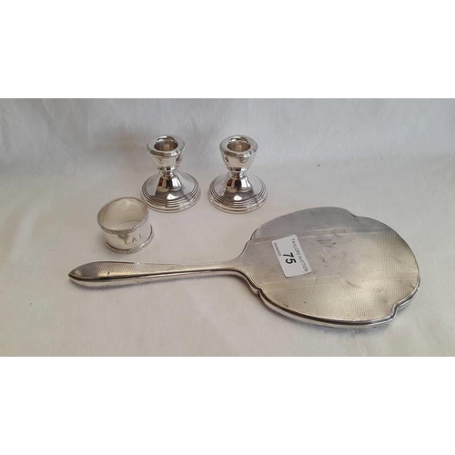 75 - 2 SILVER DWARF CANDLESTICKS, SILVER NAPKIN RING & SILVER HAND MIRROR