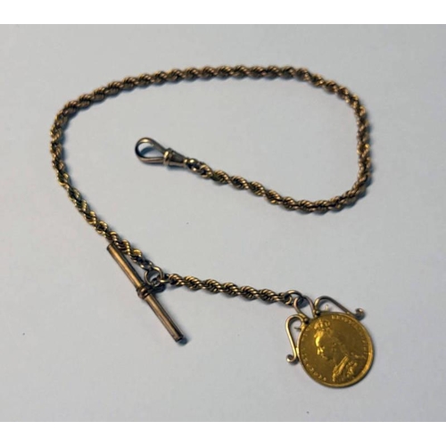 82 - 19TH CENTURY UNMARKED YELLOW METAL ROPE TWIST WATCH CHAIN WITH 1891 SOVEREIGN PENDANT HOOK MARKED 9C... 