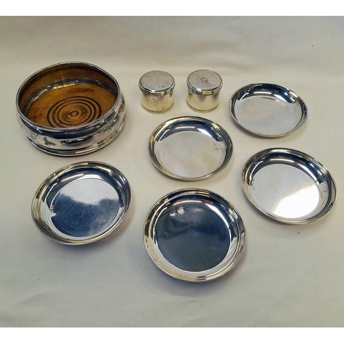 94 - 5 SILVER PIN DISHES, MARKED 925 & SILVER MAHOGANY WINE COASTER, LONDON 1994 & 2 SILVER CYLINDRICAL L... 