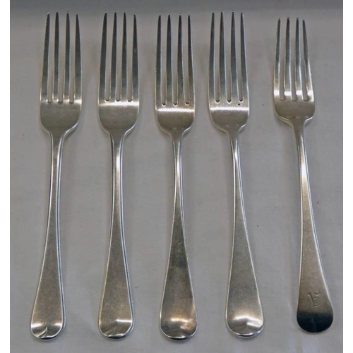 96 - 5 GEORGE II SILVER TABLE FORKS, LONDON 1776, 1811 & 1814 - 340G