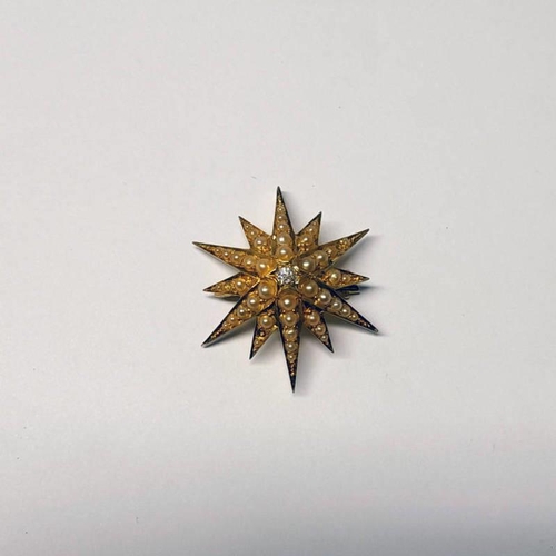 98 - LATE 19TH OR EARLY 20TH CENTURY 18CT GOLD STARBURST HALF PEARL & DIAMOND BROOCH/PENDANT - 4CM WIDE, ... 