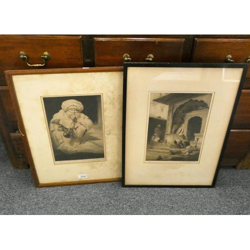 1020 - W S BAGDATOPOULOS,  MAN SMOKING PIPE & TEMPLE SCENE,  BOTH SIGNED IN PENCIL,  2 FRAMED ETCHINGS,   L... 