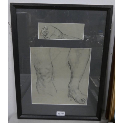 1023A - STUDIO OF ALBERTO MORROCCO,  FEET & HANDS,   UNSIGNED,  FRAMED CHARCOAL DRAWING 26 X 25 CM