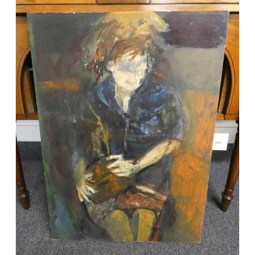 1051 - ALICE BUTTERWORTH GIRL IN BLUE SIGNED TO REVERSE OIL PAINTING 82 X 59 CM