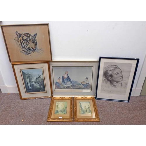 1105 - SELECTION OF FRAMED PRINTS, ETC TO INCLUDE; W RUSSELL FLINT, PICKING APPLES, FRAMED PRINT, L RASHTON... 