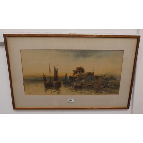 1110 - P WATTS FISHERMAN AT DUSK SIGNED, DATED 1913 FRAMED WATERCOLOUR 24.5 X 51.5 CM