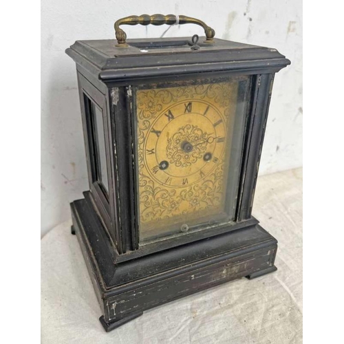 1410 - 19TH CENTURY FRENCH BRASS FACED MANTLE CLOCK WITH WORKS BY J B GIBBONS, PARIS