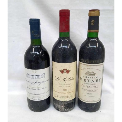 2035 - 3 BOTTLES : CHATEAU MEYNEY 1986 SAINT - ESTEPHE, CHATEAU JONQUEYRES 1986 BORDEUX, LA METAIRIE 1986