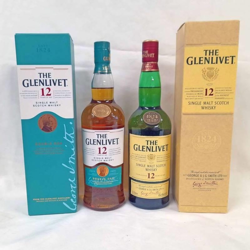 2043 - 2 BOTTLES GLENLIVET 12 YEAR OLD SINGLE MALT WHISKY (ONE DOUBLE OAK) - 700 ML, 40% VOL. BOXED