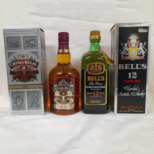 2063 - 2 BOTTLES BLENDED WHISKY - BELL'S 12 YEAR OLD 1980'S BOTTLING - 75CL, 43% VOL. BOXED & CHIVAS REGAL ... 