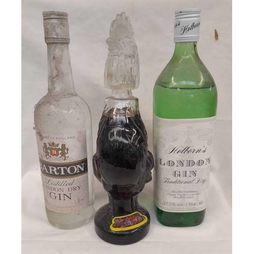 2068 - 3 BOTTLES : BARTON FIN, HOLBORNS GIN & TORLOVMAC ROOSTER DECANTER