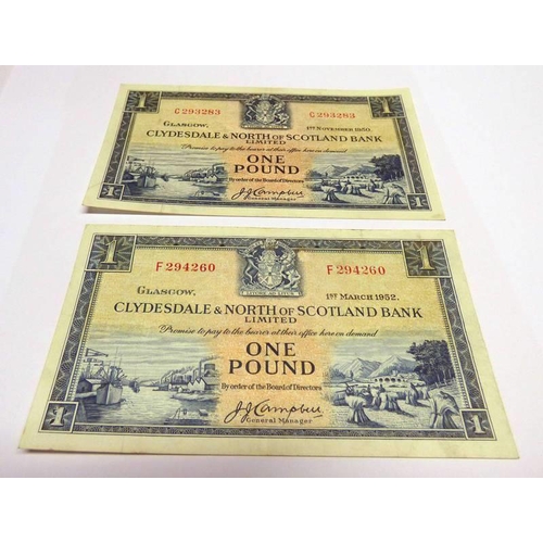 2439 - 1950 CLYDESDALE & NORTH OF SCOTLAND BANK ONE POUND BANKNOTE, C293283, AND 1952 CLYDESDALE & NORTH OF... 