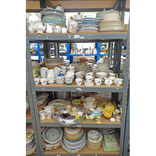 3059 - LARGE SELECTION OF BLUE AND WHITE PORCELAIN DINNERWARE, PORCELAIN TEAWARE ETC OVER 4 SHELVES