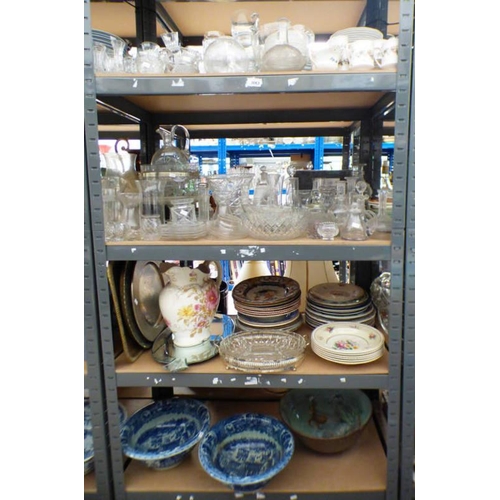 3063 - 2 MASONS STYLE BLUE & WHITE BOWLS, VARIOUS OTHER PORCELAIN CUT GLASS ETC OVER 4 SHELVES