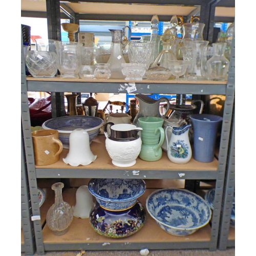 3069 - LARGE SELECTION OF CUT GLASS PORCELAIN, BLUE & WHITE BOWLS, ETC OVER 3 SHELVES