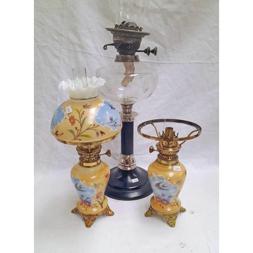 3363 - PAIR OF PARAFFIN LAMPS WITH SWALLOW DECORATION & PARAFFIN LAMP WITH CUT GLASS BOWL