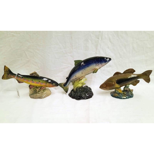 3372 - 3 BESWICK FIGURES TROUT 1246, ATLANTIC SALMON 1233 & BESWICK LARGE MOUTHED BLACK, BASS 1266  (A/F)