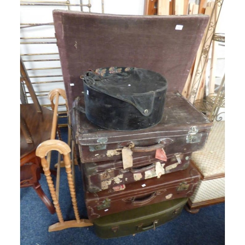 541 - FABRIC 3 PART FOLDING SCREEN & SELECTION OF VARIOUS LEATHER SUITCASES, ETC