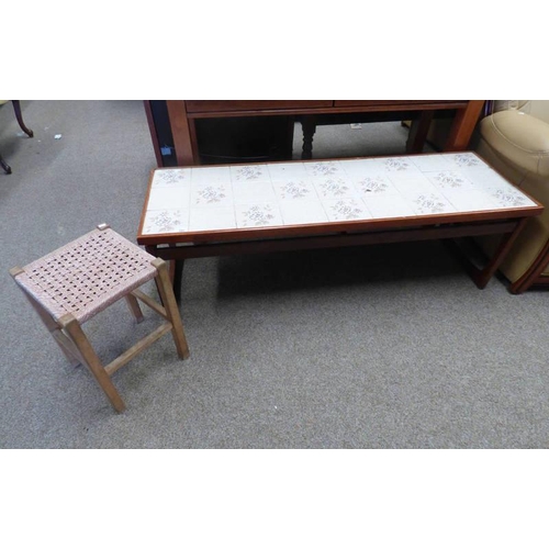 542 - G-PLAN TEAK RECTANGULAR COFFEE TABLE WITH TILE INSET TOP & ROPEWORK STOOL. LENGTH OF COFFEE TABLE 13... 