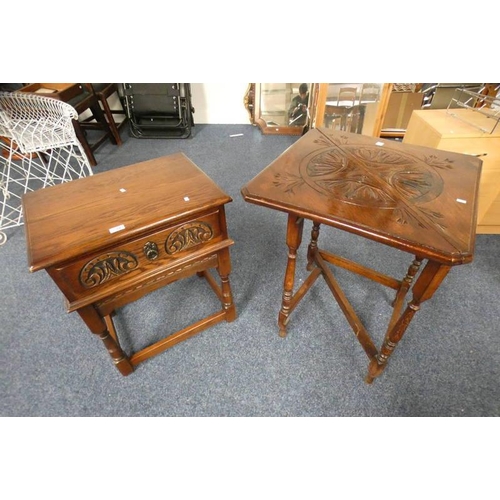 59 - OAK CORNER TABLE WITH DECORATIVE CARVED TOP AND DROP FLAP ON TURNED SUPPORTS & CARVED OAK SIDE TABLE... 