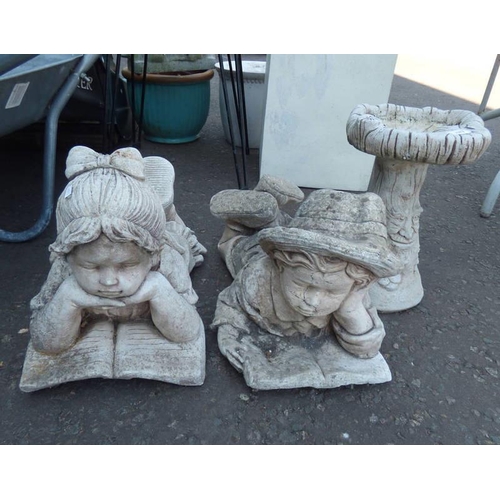 6077 - RECONSTITUTED STONE FIGURES OF BOY & GIRL AND BIRD BATH