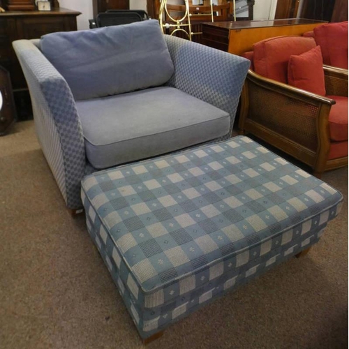 64 - OVERSTUFFED 2 SEATER SETTEE WITH CHECKERED BLUE PATTERN & SIMILAR CENTRE STOOL