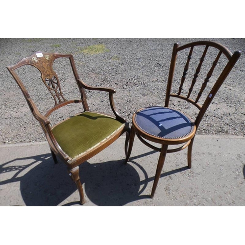 70 - LATE 19TH CENTURY INLAID MAHOGANY OPEN ARMCHAIR ON SHAPED SUPPORTS AND BENTWOOD CHAIR INDISTINCTLY L... 