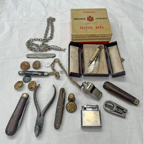 1009 - SELECTION OF POCKET KNIVES, ACME THUNDERER WHISTLE, CALIBRI MONOPOL LIGHTER, ETC