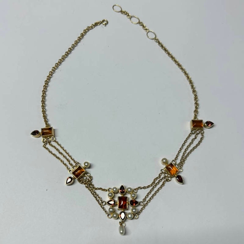 101 - PEARL, CITRINE & GARNET NECKLACE, THE CLASP MARKED 375 - 42.5 CM