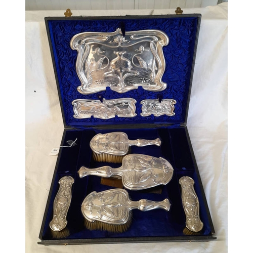 105 - ART NOUVEAU SILVER 9 PIECE DRESSING TABLE SET DECORATED WITH EMBOSSED RIVER SCENES WITH KING FISHERS... 