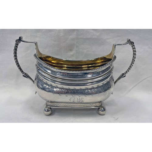 132 - GEORGE III SILVER 2-HANDLED SUGAR BOWL WITH GILDED INTERIOR ON 4 BALL FEET BY WILLIAM BATEMAN, LONDO... 