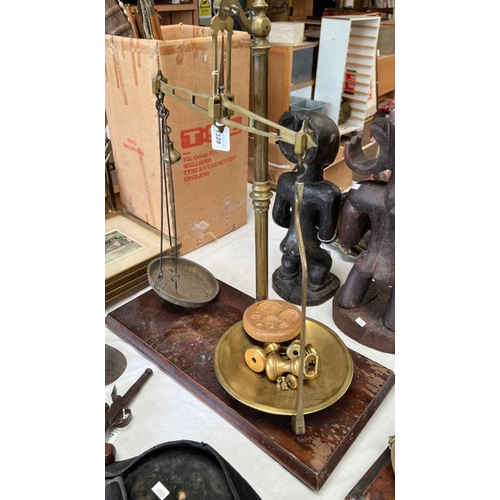 1329 - AVERY SCALES WITH WOOD BASE AND BRASS PANS AND WEIGHTS