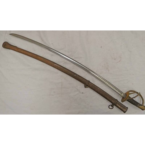 1364 - 19TH CENTURY GERMAN CAVALRY OFFICERS SWORD WITH 89CM LONG SINGLE EDGED CURVED AND FULLERED STEEL BLA... 