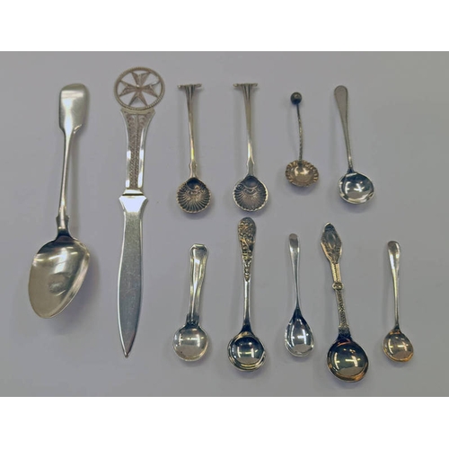 142 - IRISH SILVER TEASPOON DUBLIN 1858, MALTESE SILVER PAPER KNIFE & VARIOUS SILVER CONDIMENT SPOONS INCL... 