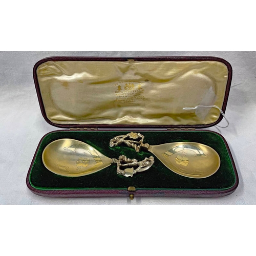 144 - PAIR OF SILVER GILT NOVELTY SPOONS, THE SHAPED BOWLS INSCRIBED 1578 WITH FIGURAL HANDLES BY CORNELIU... 