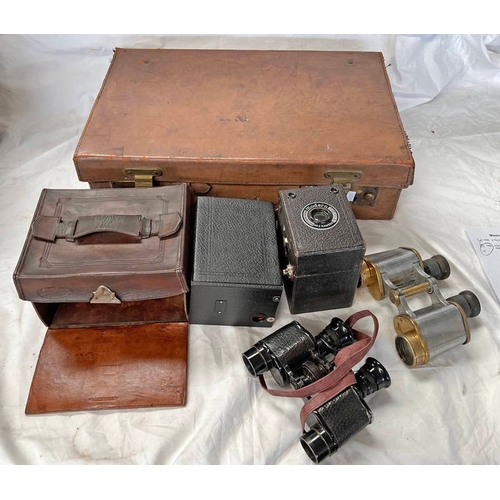 1459 - LEATHER SUITCASE, 1942 BRITISH MILITARY BINO PRISM NO.2 MKII BINOCULARS, BROWNIES CAMERA, ETC