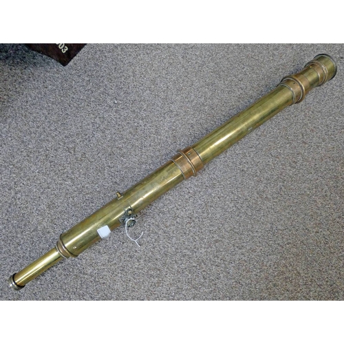 1484 - BRASS MILITARY SINGLE DRAW TELESCOPE WITH 2'' OBJECTIVE LENS, 72 CM LONG BODY, UNUSUAL MOUNTS, MARKE... 