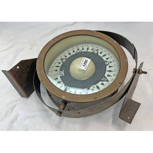 1490 - MARITIME COMPASS WITH MOUNT, 33CM ACROSS OVERALL