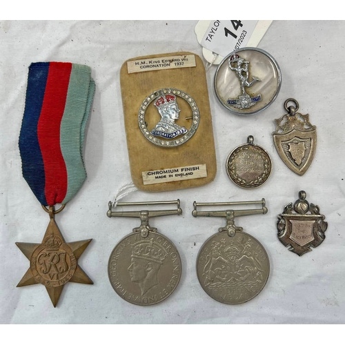 1491 - WW2 MEDALS TO INCLUDE DEFENCE MEDAL, 1939-45 STAR MEDAL, 1939-1945 MEDAL, 1937 CORONATION BADGE, SIL... 