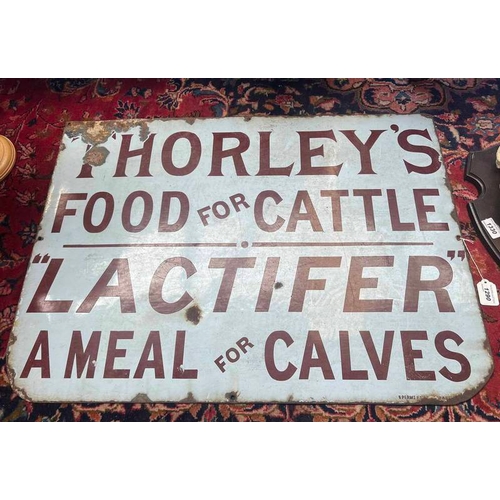 1504 - ENAMELLED SIGN 'THORLEY'S FOOD FOR CATTLE, 'LACTIFER' A MEAL FOR CALVES', 58.5 X 81.5 CM