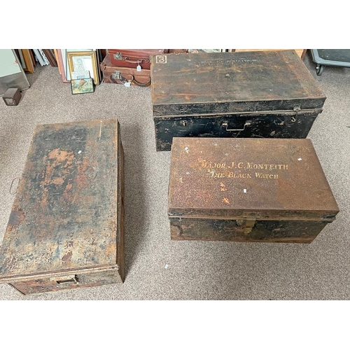 1549 - 3 METAL TRUNKS PREVIOUSLY BELONGING AND MARKED TO MAJOR J C MONTEITH BLACK WATCH