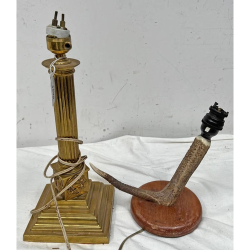 1595 - ANTLER BODIED TABLE LAMP AND A BRASS CORINTHIAN COLUMN TABLE LAMP -2-