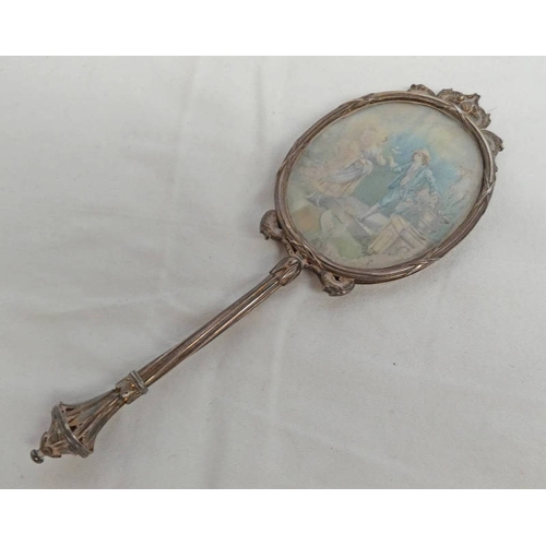 160 - SILVER HAND MIRROR WITH PAINTED MINIATURE TO REVERSE, IMPORT MARKED FOR LONDON 1901 - 22CM LONG