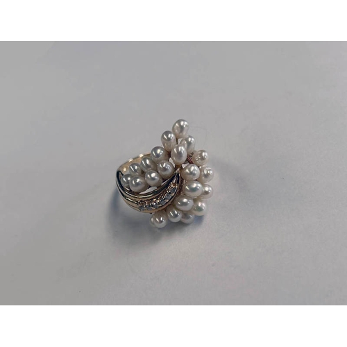 161 - 14K GOLD PEARL & DIAMOND CLUSTER RING