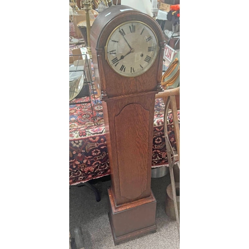 1634 - OAK CASED GRANDMOTHER CLOCK WITH SILVERED DIAL.  132 CM TALL