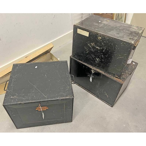 1644 - 3 19TH/20TH CENTURY METAL DEEDS BOXES, LARGEST 54CM WIDE, 33.5CM DEEP & 33.5CM TALL -3-