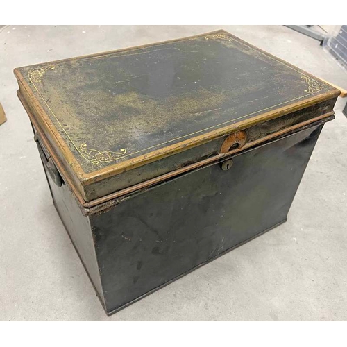 1646 - LATE 19TH OR EARLY 20TH CENTURY METAL DEEDS BOX WITH DECORATIVE GILT DESIGN TO TOP (NO KEY) 35.5CM T... 